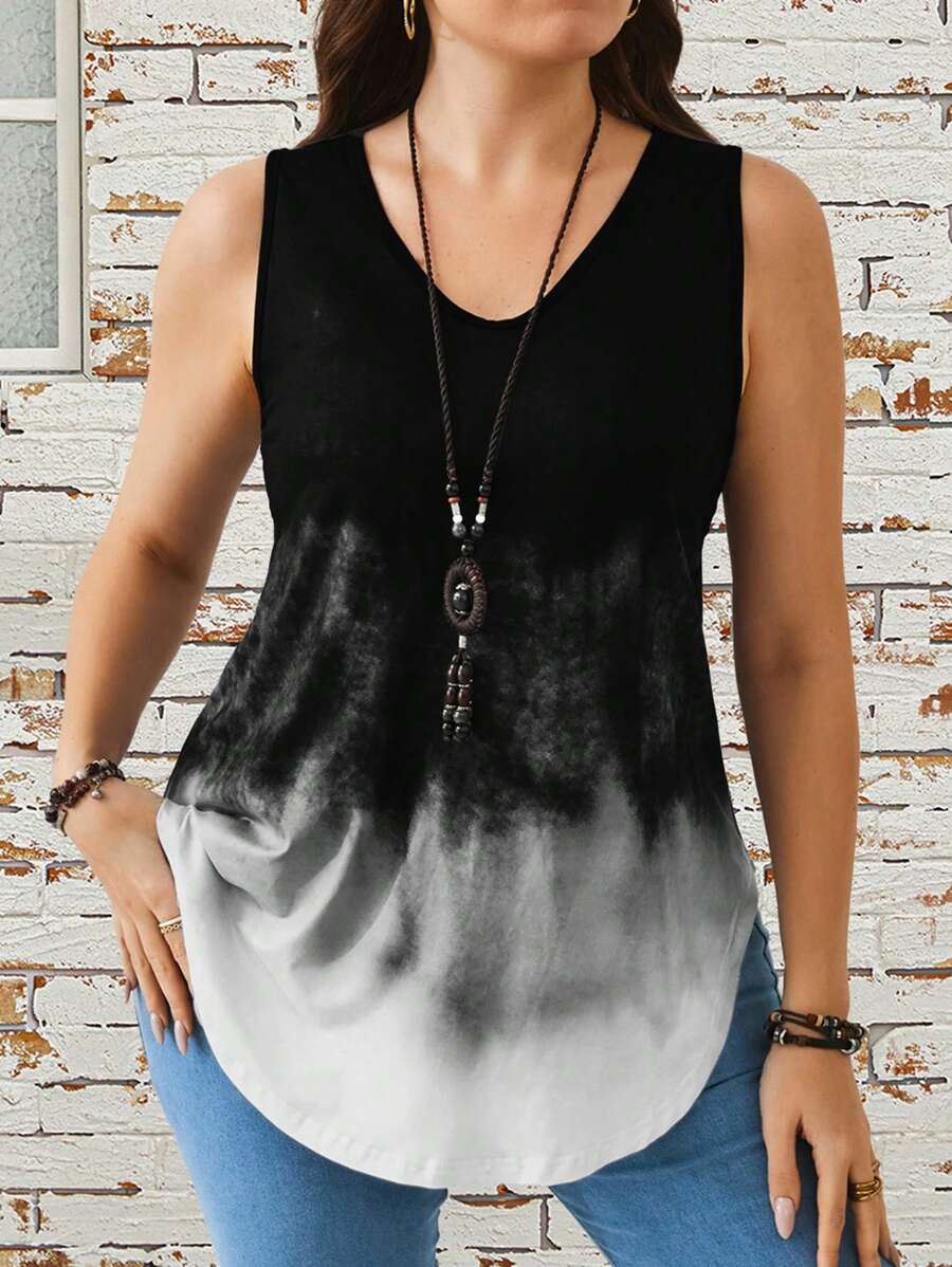 EMERY ROSE Plus Size Gradient V-Neck Casual Tank Top, Summer - Black - View 1