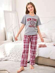 SHEIN 2 件套女孩休闲英文字母格子印花短袖上衣和宽松裤子睡衣套装 - 淺灰色 - 查看 6