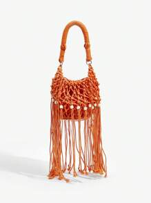 SHEIN SXY Quý cô, Túi xách tay nữ, Túi đeo vai, Túi Hobo, Túi móc, Túi dệt, Rỗng, Hạt gỗ, Màu cam, Tua rua, Thời trang, Thanh lịch, Đơn giản, Cá nhân hóa, Đa năng, Dành cho bãi biển, Kỳ nghỉ, Ngày lễ, Mùa hè, Bên bờ biển - trái cam - Xem 3