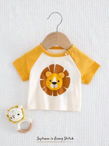 Cozy Pixies Suéter de manga corta de cuello redondo de punto suave con estampado de león de dibujos animados para bebé recién nacido niña - Multicolor - Ver 1
