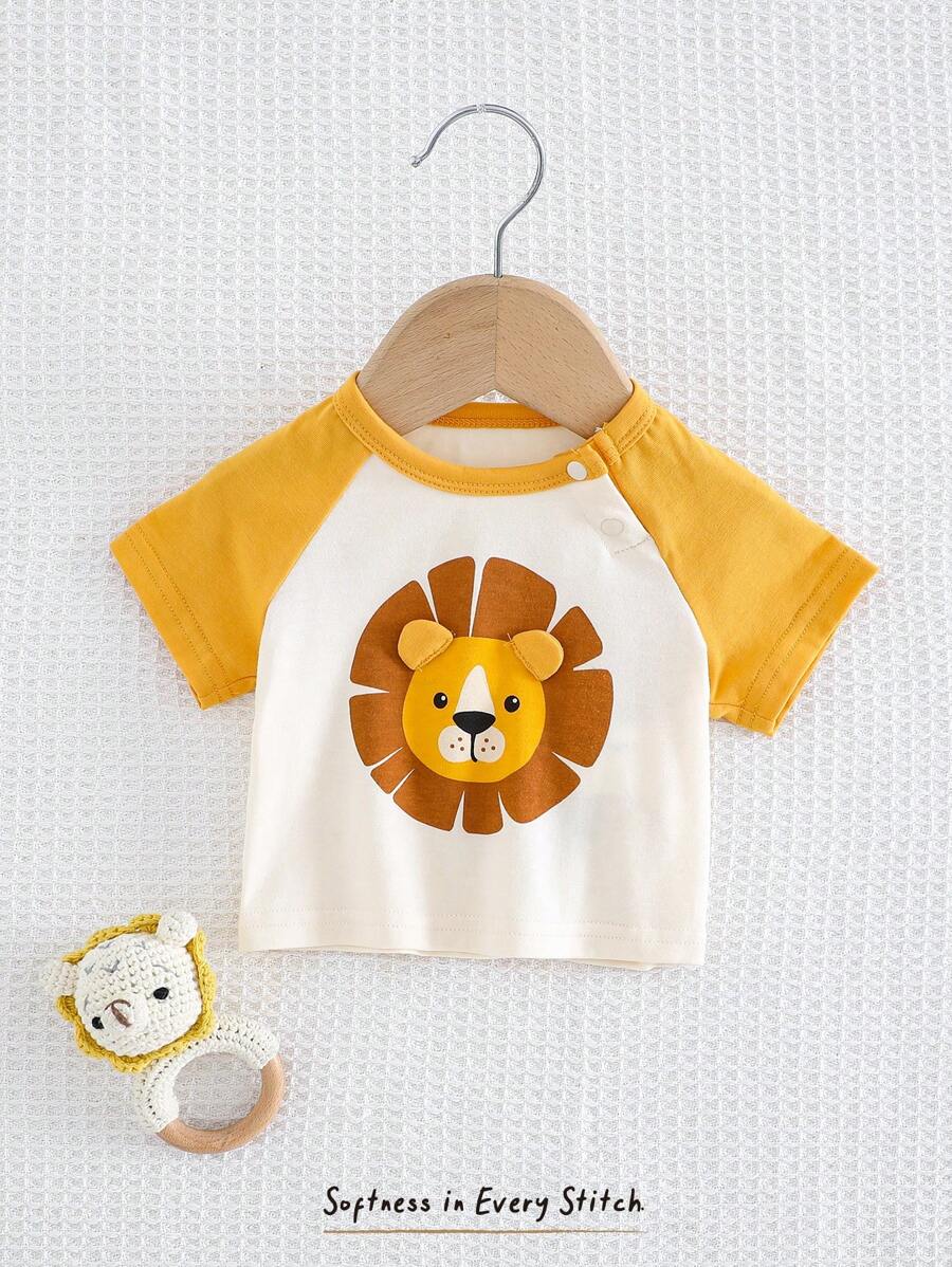Cozy Pixies Suéter de manga corta de cuello redondo de punto suave con estampado de león de dibujos animados para bebé recién nacido niña - Multicolor - Ver 1