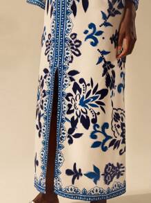 CAJUNI 女式波西米亚风格热带蓝色花卉印花灯笼袖 V 领露背连衣裙，度假休闲 - 彩色 - 查看 6