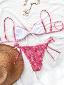 SHEIN Swim 2 piezas Conjuntos de ropa de playa para mujer, Conjunto de bikini con estampado, tirantes finos y abertura sexy para verano y vacaciones