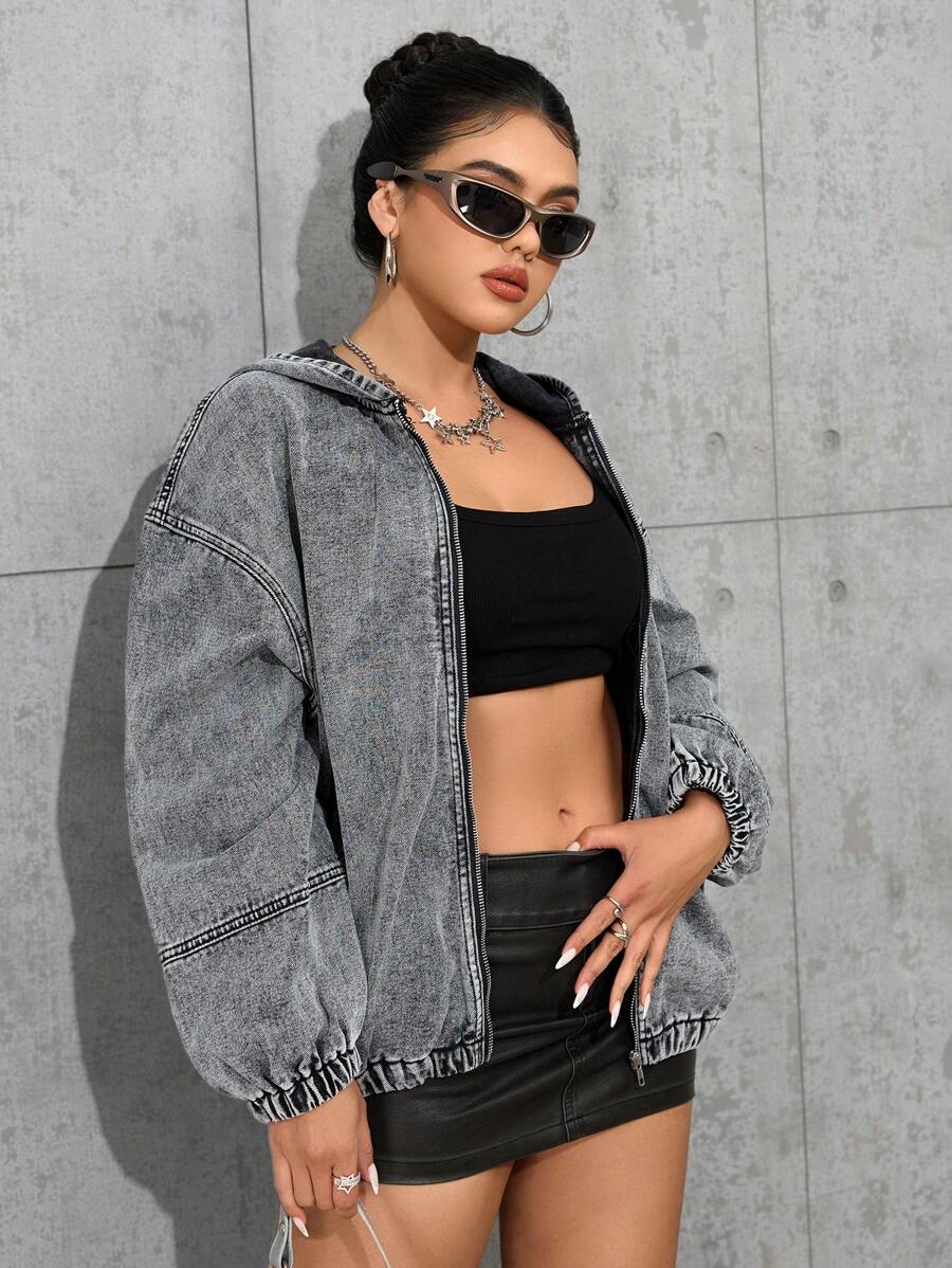 SHEIN ICON Women Washed Denim Hooded Jacket - Grey - View 1