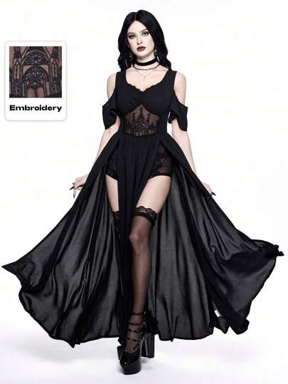 Goth Gothic Embroidered Hollow Pattern Deep V-Neck Off Shoulder High Slit Dress, Women Summer Prom Outfit Women Dresses Elegant Gown