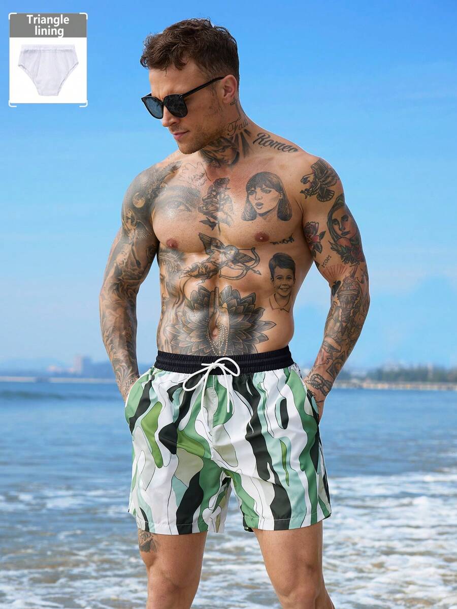 Surfspeed Men's Contrast Color Print Drawstring Waist Beach Shorts - Army Green - View 1