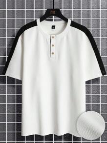 Manfinity Homme 大码男式纯色拼布正面纽扣休闲短袖 T 恤