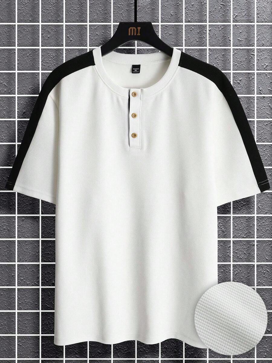 Manfinity Homme 大码男式纯色拼布正面纽扣休闲短袖 T 恤