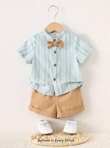 Cozy Pixies Set de 2 piezas de chaqueta de manga corta con lazo a rayas y pantalones cortos de cintura elástica de unicolor para niño bebé