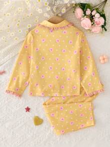 SHEIN 2 Pcs Kid Girls Floral & Cartoon Princess Pattern Lapel Button Down Long Sleeve Loose Pajama Set - Yellow - View 2