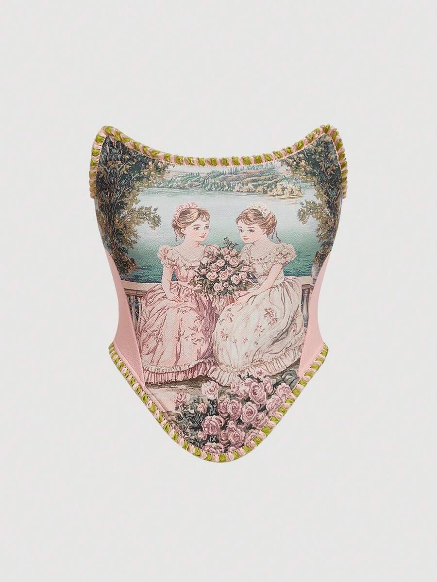 SHEIN MOD 大码女式复古图案印花女式不对称下摆抹胸上衣，复古宫廷风格紧身胸衣