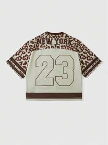 ROMWE MEN Prep Men's Jersey Mesh Patchwork Leopard Print V-Neck T-Shirt, Spring/Summer