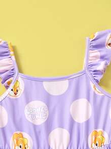 LOONEY TUNES X SHEIN 年轻男孩可爱兔子和波尔卡圆点印花盖袖连衣裙 - 紫色 - 查看 7