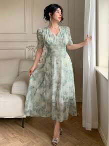 DAZY Women's Floral Allover Print V-Neck Mid-Calf Dress, Elegant Style For Summer - Mint Green - View 4