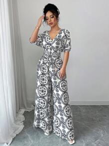 Elenzga Vacation Style Puff Sleeve V-Neck Elastic Waist Wide Leg Jumpsuit Pants Romper - Blue - View 6
