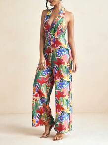 Miriam Omar Jumpsuit Panjang Model Musim Semi dan Musim Panas Berwarna-warni dengan Motif Bunga yang Ceria, Leher Halter V Dalam, dan Bagian Belakang Berkerut, Potongan Lebar. - MultiWarna - View 6