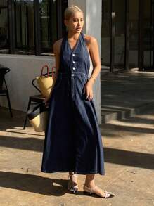 DAZY Gaun Denim Wanita Model Kerah V yang Dicuci - Dark Wash - View 6