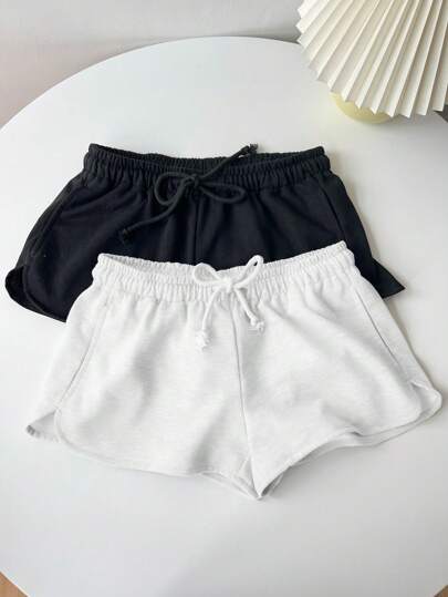 SHEIN EZwear 2pcs Women's Casual Drawstring & Elastic Waist Shorts Set, Cropped Style, Suitable For Spring And Summer 2 Pieces Set Shorts, Shorts For Summer Women's Sportswear