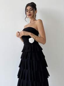 Firerie Women's Modes Elegant Fairycore Romantic Charming Parties Vacations Black Contrast Color Floral Layered Ruffled Midi Dress Graduation Dress Spring/Summer Fairycore Modest - Black - View 8