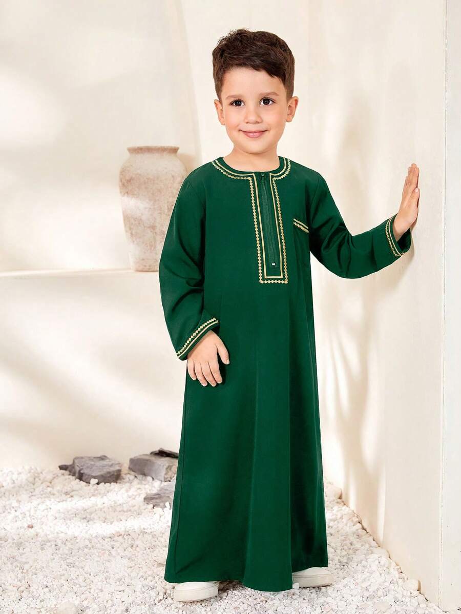 2pcs Young Boy Set: Pieced Rib Trim Long Robe Top And Pants