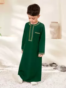 2pcs Young Boy Set: Pieced Rib Trim Long Robe Top And Pants