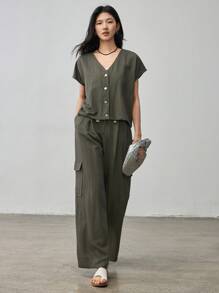 Dazy-Less 2 件套女士休闲宽松工装裤，大口袋，夏季复古风格商务休闲女装、教师装