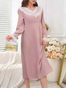 Women's Vintage Palace Style Lace Patchwork Ruffle Hem Sleepwear Dress - Multicolor - View 4