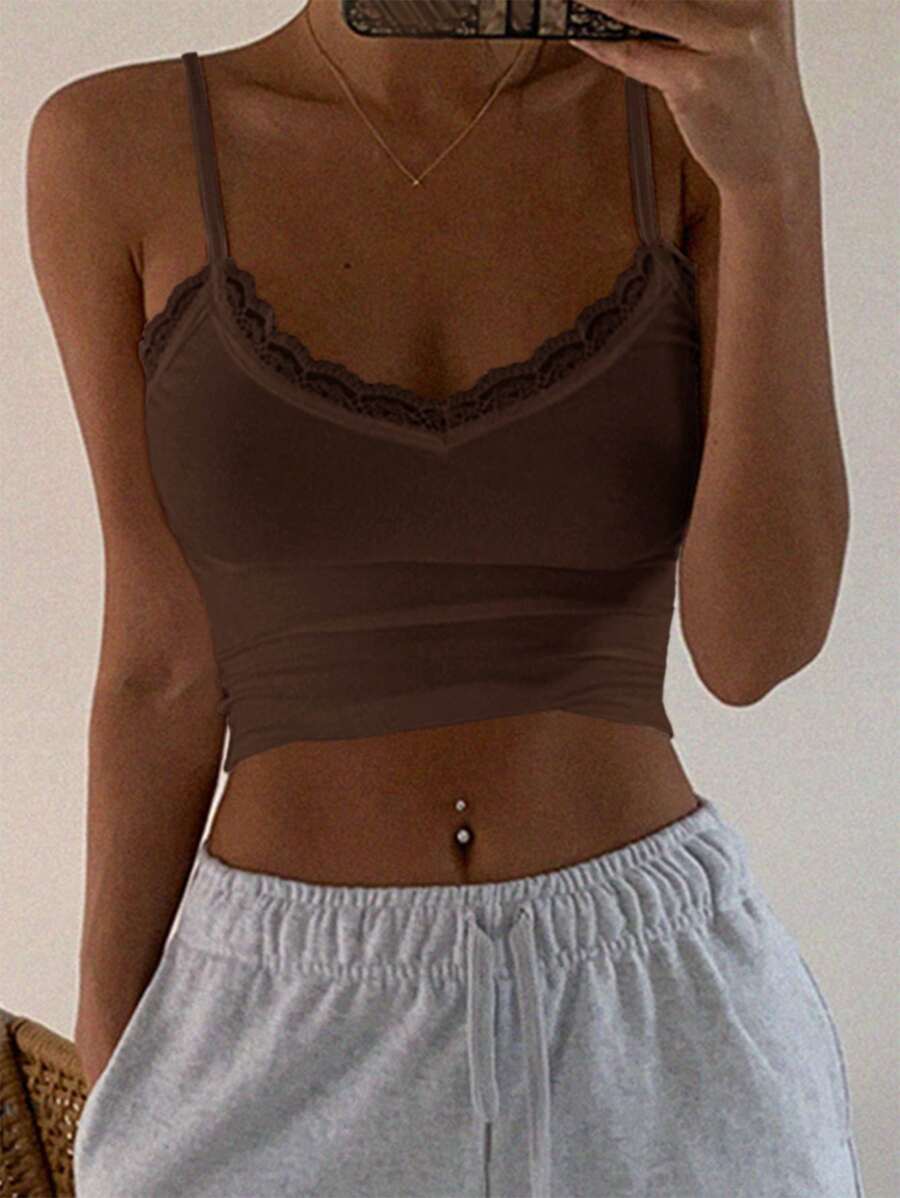 DAZY Summer Casual Solid Color Lace Trim Camisole - Rust Brown - View 1