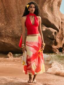 Poéselle Women's Backless Halter Neck Casual Top - Red - View 4