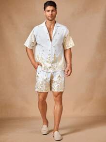 Manfinity ModaGents 2pcs Men Casual Lightweight Short Sleeve Open Front Shirt And Elastic Waist Loose Straight Shorts Set
