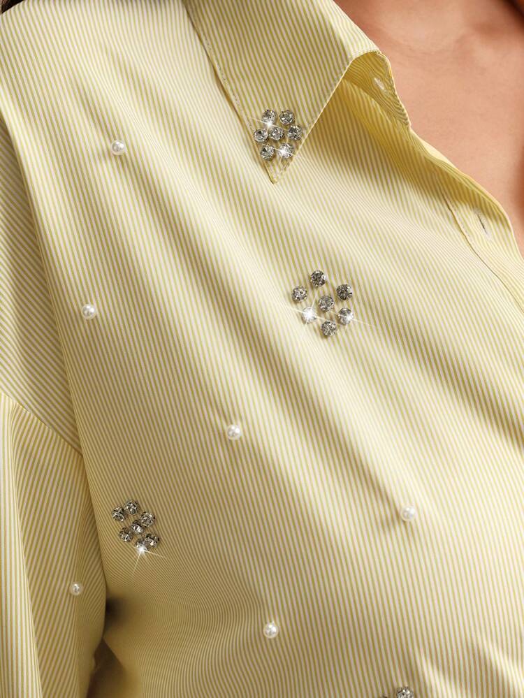 Plus Size Women Elegant Rhinestone & Pearl Embellished Striped Loose Casual Blouse, Suitable For Street, Resort, Spring Women's Blouses And Shirts
