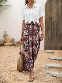 SHEIN LUNE Ensemble casual pour femmes composé d'une chemise unie avec nœud papillon et d'un débardeur à imprimé avec fine bretelle. Tenue occidentale pour femmes, idéale pour les vacances et l'été - Multicolore - Voir 1