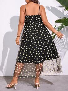 SHEIN Clasi Plus Size Women Woven Fabric Patchwork Daisy Net Elegant Spaghetti Strap Black Dress, Summer Outfits For Women, St. Patrick's Day Rave Outfits, Spring Break Outfits, Boho - Black - View 2