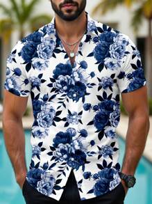 VIVINTIMO Chemise à manches courtes slim fit avec imprimé floral, style décontracté et mature, idéale pour les vacances, les sorties d'été et les occasions entre couples. Excellent cadeau pour le petit ami. Chemise fleurie, hawaïenne, parfaite pour les vacances. - Blanc - Voir 6
