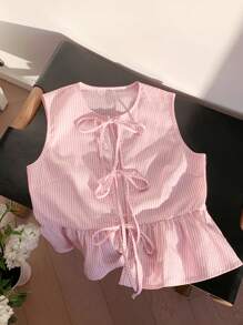 Comfortcana Women Striped Front Tie Ruffle Hem Sleeveless Blouse - Red and White - View 6