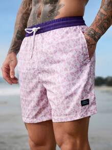 Surfspeed Men's Solid Color Patchwork Front Tie Simple Beach Shorts, Casual For Holiday - Purple - View 4