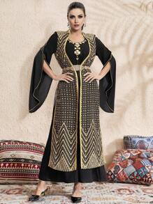 Al Najma Handmade Thick Thread Embroidery Long Sleeve Robe, For Ramadan, Modest Kaftan - Multicolor - View 1