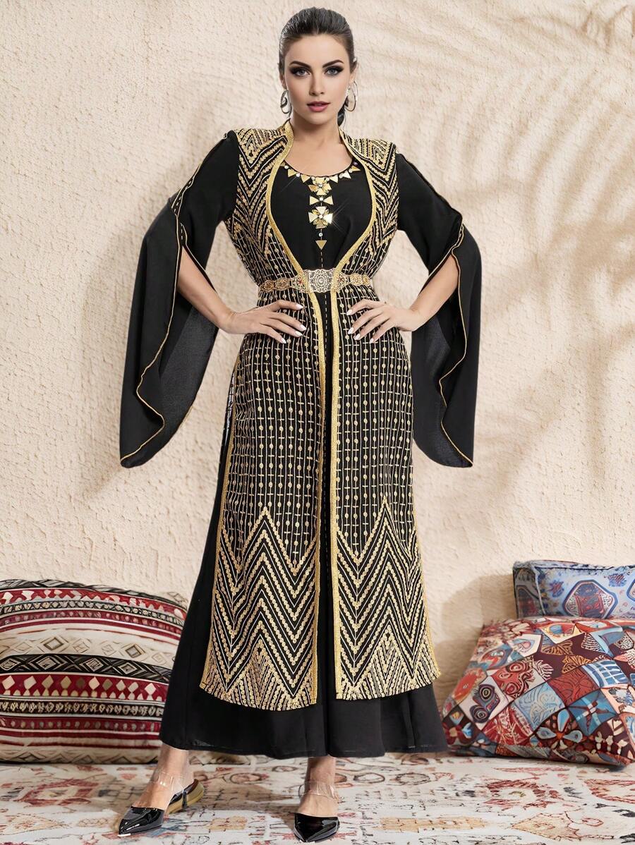 Al Najma Handmade Thick Thread Embroidery Long Sleeve Robe, For Ramadan, Modest Kaftan - Multicolor - View 1