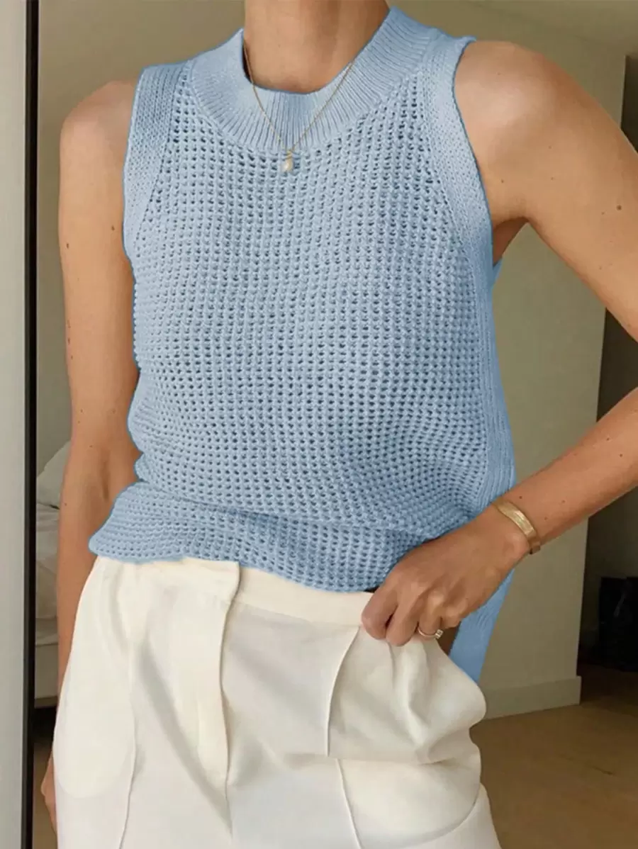 SHEIN Unity 女士镂空花卉百搭纯色圆领针织背心 - 藍色 - 查看 1