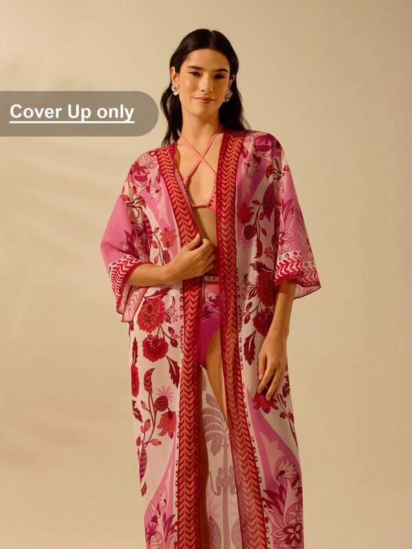 CAJUNI Kimono de damă cu imprimeu tropical boho roz, ocazional de vară, pentru plajă