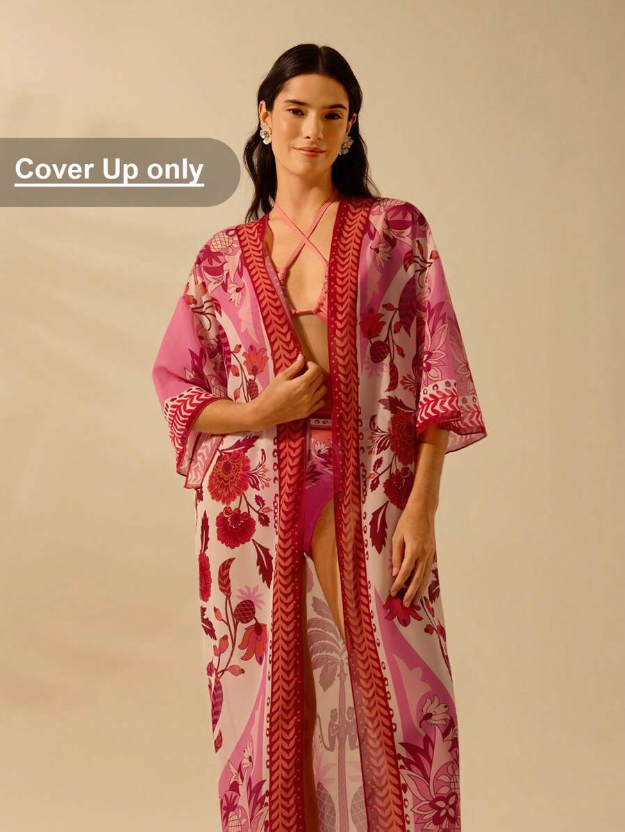 CAJUNI Women's Boho Tropical Print Vacation Casual Summer Beach Cover Up Kimono, Holiday, Vacation Woman, Festival, Country Concert