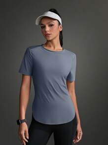 Powerista Plain Crew Neck Short Sleeve Simple Sporty T-Shirt, Casual Everyday Wear Gym Women Shirts
