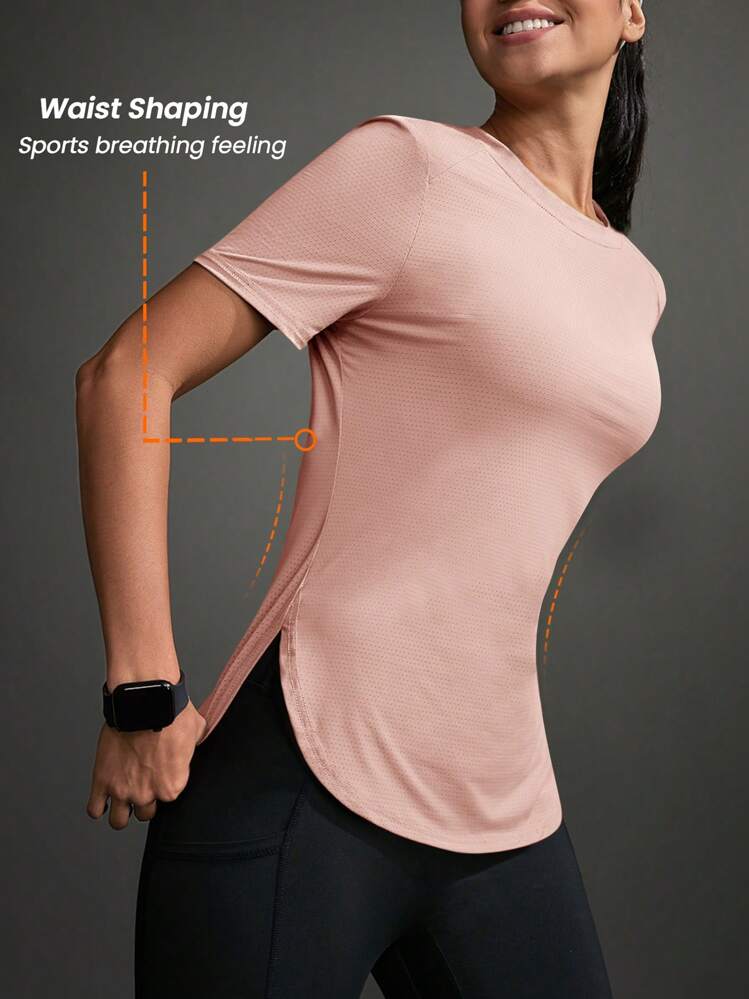 Exploreva 女士纯色圆领短袖休闲健身户外T恤健身房衬衫 - 淺粉色 - 查看 2