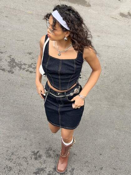 Set de 2 piezas de top corto de denim y falda para adolescentes, conjunto de ropa con estilo urbano para usar con fines festivos como Acción de Gracias