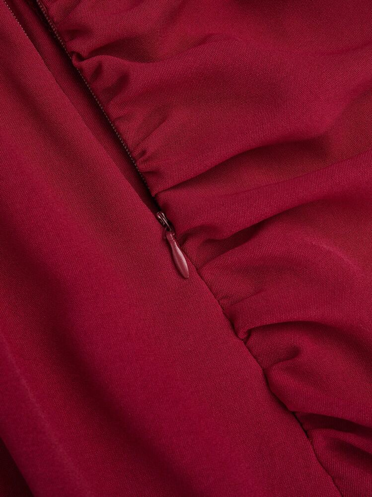 SHEIN MOOSTA 大码女式新款勃艮第复洛克风格高腰低下摆系带荷叶边多层裙子，派对/波西米亚风裙子，春夏，情人节礼物 - 酒紅色 - 查看 5