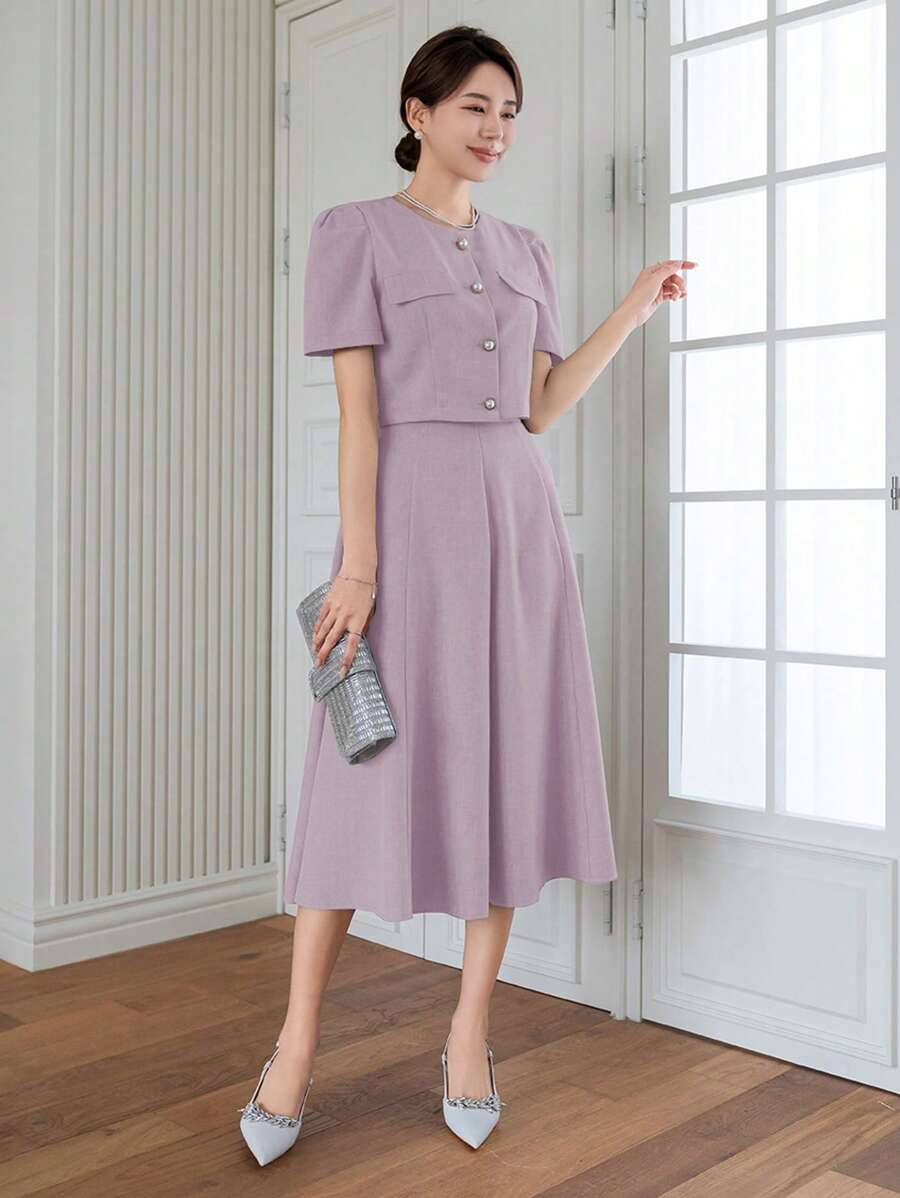 DAZY Women Elegant Commuting Solid Color Puff Sleeve Top And Skirt 2 Pieces Set - Purple - View 1