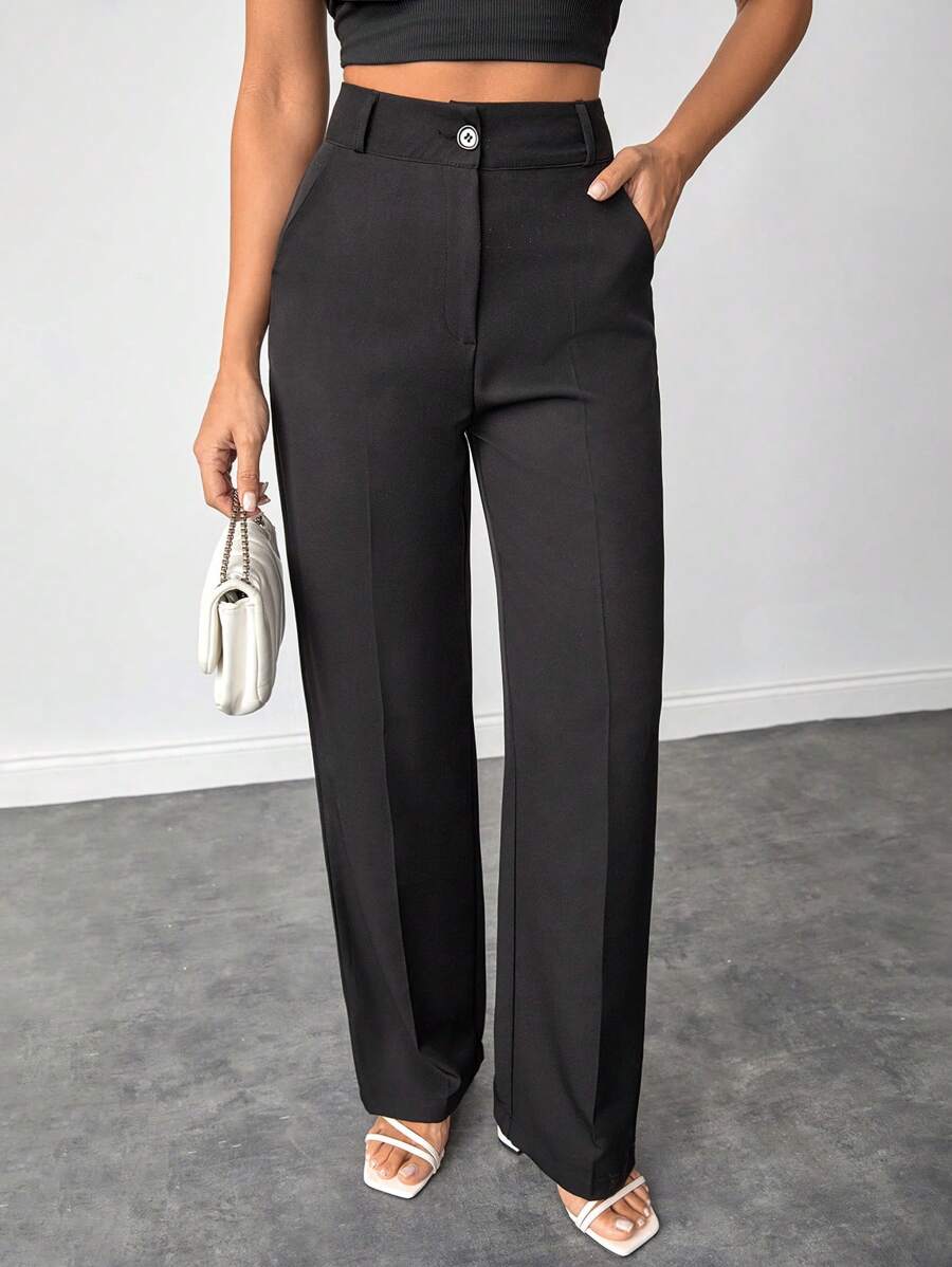 EURMUSE Women Solid Color High Waist Straight Leg Pants - Black - View 1