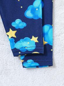 SHEIN Baby Boy Cute Cartoon Elephant, Star, Moon And Cloud Print Round Neck Short Sleeve + Pants Snug Fit Comfortable Pajamas Set, 2pcs