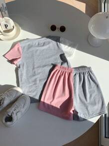 2 Pieces Set Young Boys Casual Sports College Artistic Style Retro Multi-Color Stitching Round Neck T-Shirt And Shorts Suit Suitable For Young Boy Clothing Young Boy Clothes Back To School Boy Suit Suitable For Birthday Parties, Evening Parties, Performances, Weddings, Baptisms, Opening Ceremonies, Daily Suitable For School Suitable For Travel Suitable For Vacation Suitable For Spring And Summer - Pink - View 8