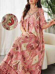 Lacomfia 女士几何印花 V 领短袖宽松长裙 - 粉色 - 查看 1